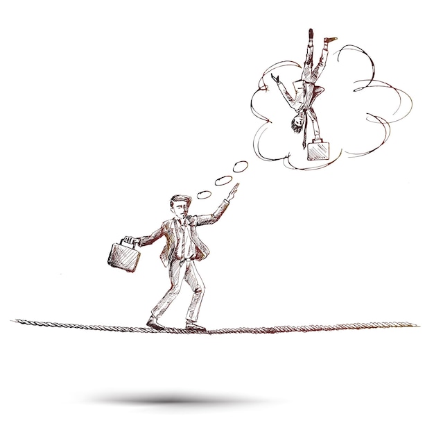 Business man balancing on the rope and thinking fall down Hand Drawn Sketch Vector illustration