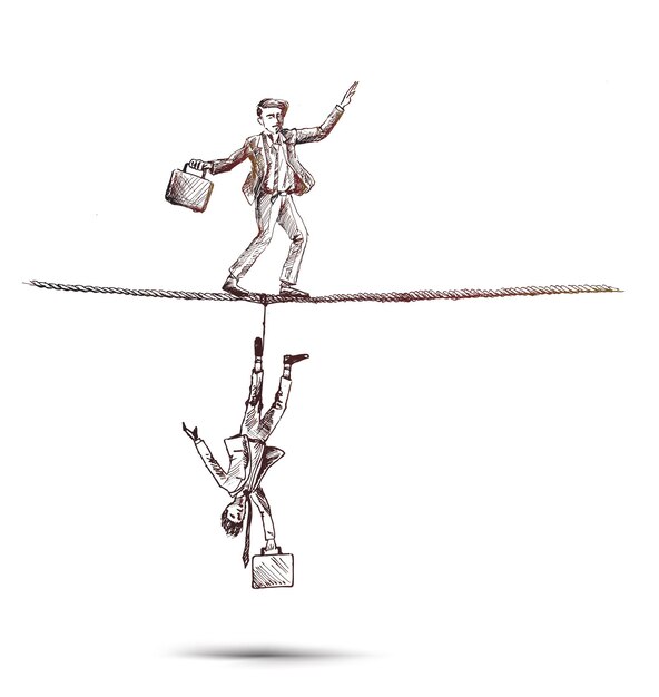 Деловой человек балансирует на веревке и думает, что падает. Ручной рисунок векторной иллюстрации