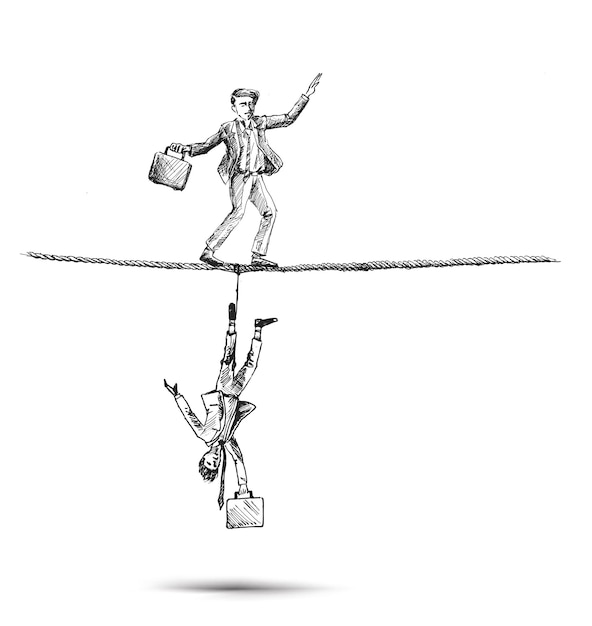 Деловой человек балансирует на веревке и думает, что падает. Ручной рисунок векторной иллюстрации