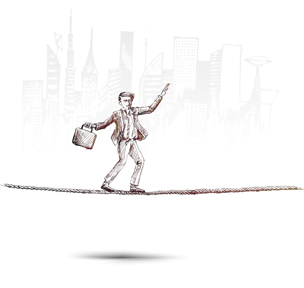 Free vector business man balancing on the rope and thinking fall down hand drawn sketch vector illustration