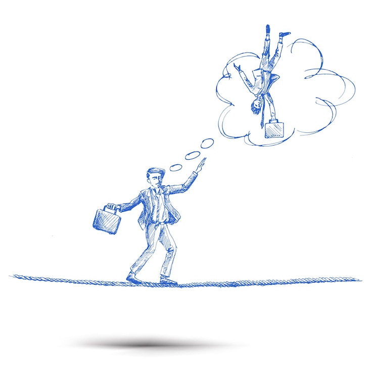 Free Vector business man balancing on the rope and thinking fall down hand drawn sketch vector illustration