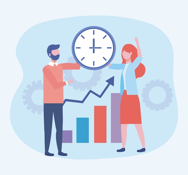 business man and business woman with clock and statistics bar