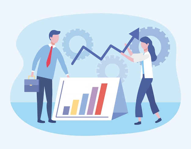 Free vector business man and business woman with statistics bar and gears