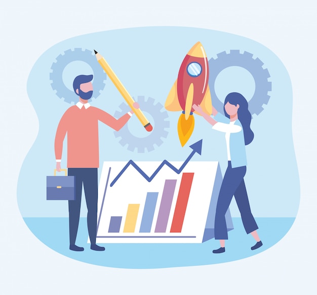 Free vector business man and business woman with statistics bar and pencil