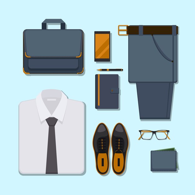 Business man casual outfit. Accessory belt with pants, glasses and smartphone, pen and wallet.