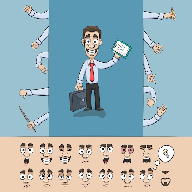 Free vector business man character construction pack hand gestures and facial emotions design elements isolated vector illustration