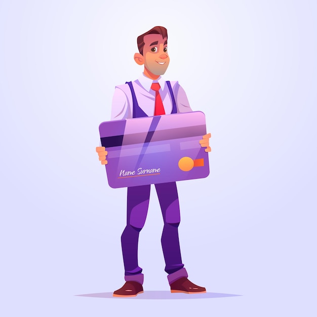 Free vector business man hold plastic credit or debit card. vector cartoon illustration of male character, businessman or banker holding purple banking card isolated on background