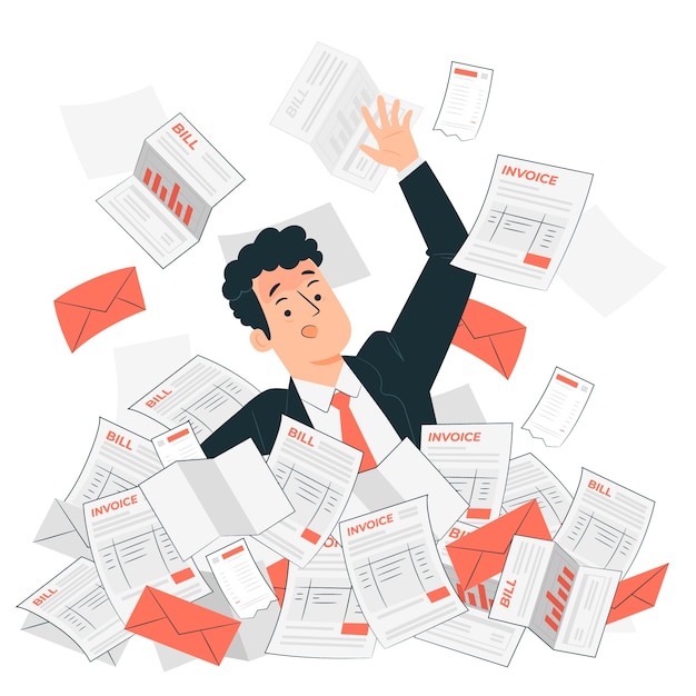 Free vector business man under a lot of bills concept illustration