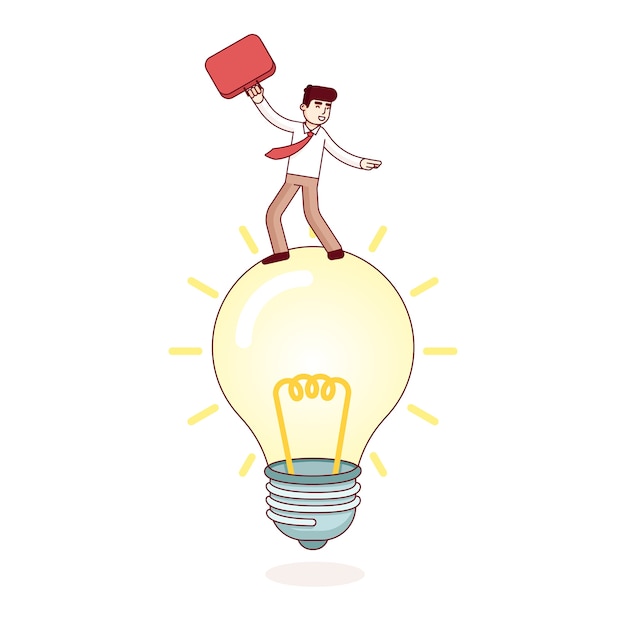 Free vector business man riding bright idea lamp