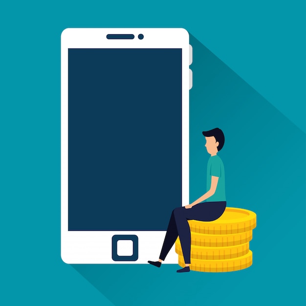 Free vector business man with coins and smartphone