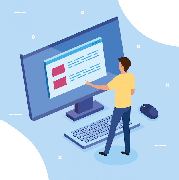 無料ベクター デスクトップコンピューターを持つビジネス男