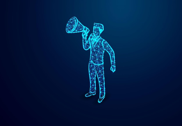Деловой человек с мегафоном Наем вторжения Абстрактная низкополигональная треугольная линия многоугольник Сияющий синий фон Векторная иллюстрация