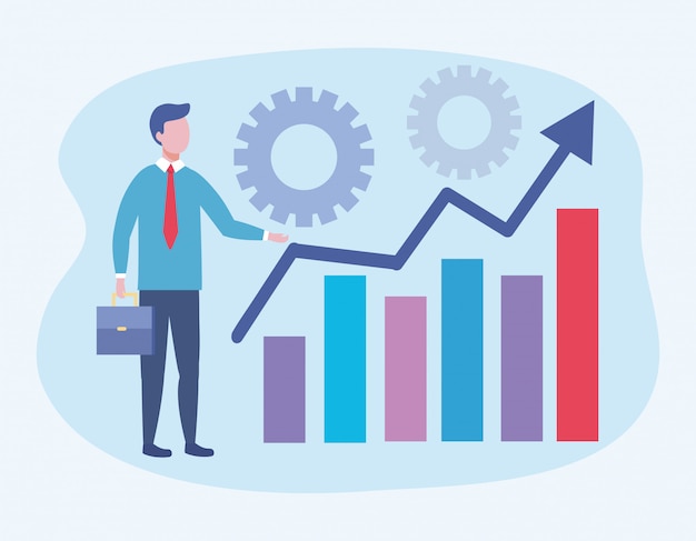 Business man with statistics bar information and gears