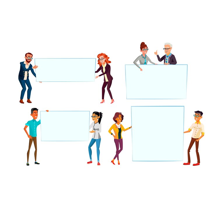 Free Vector business man woman with empty banner set