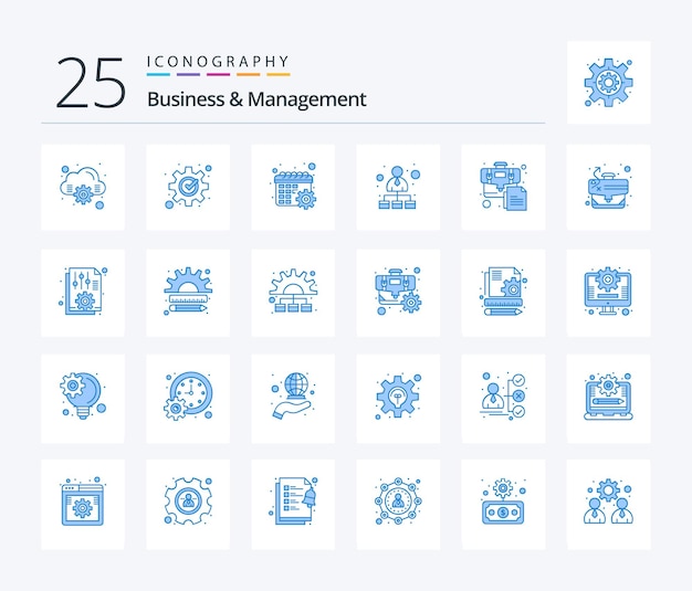 Business And Management 25 Blue Color icon pack including business bag gear network hierarchical structure