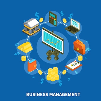 Business management isometric round composition