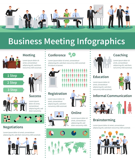 Бесплатное векторное изображение Деловая встреча инфографики набор. информация о деловой встрече.