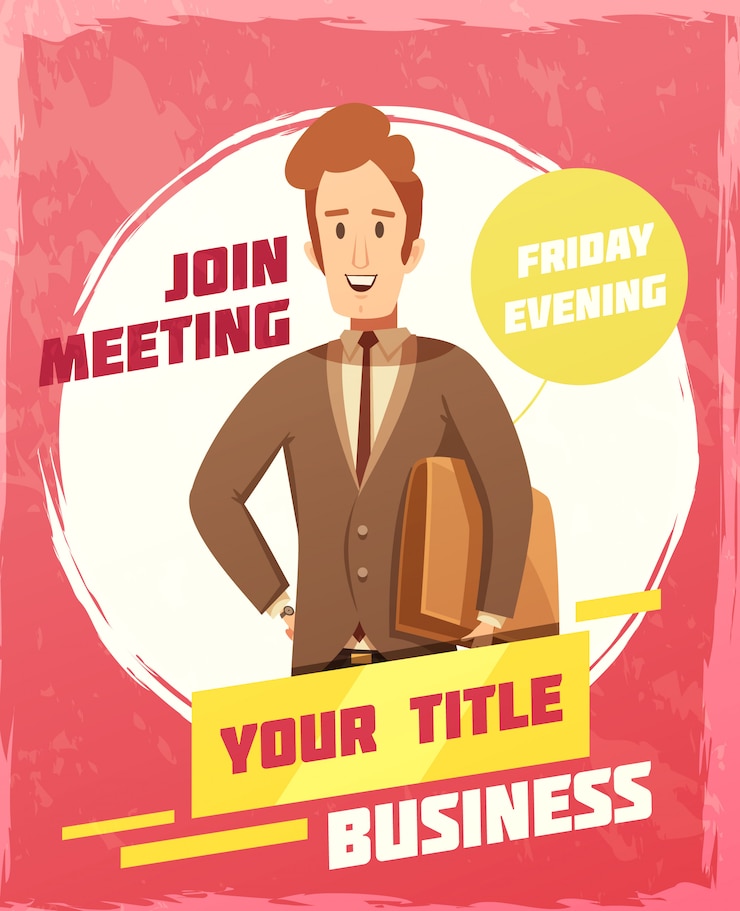 Free Vector business meeting poster with invitation and date symbols cartoon vector illustration