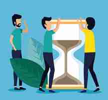 Free vector business men teamwork with hourglass and leaves