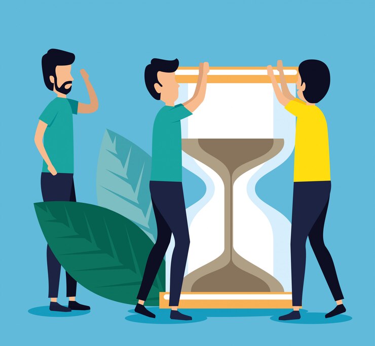 Free Vector business men teamwork with hourglass and leaves
