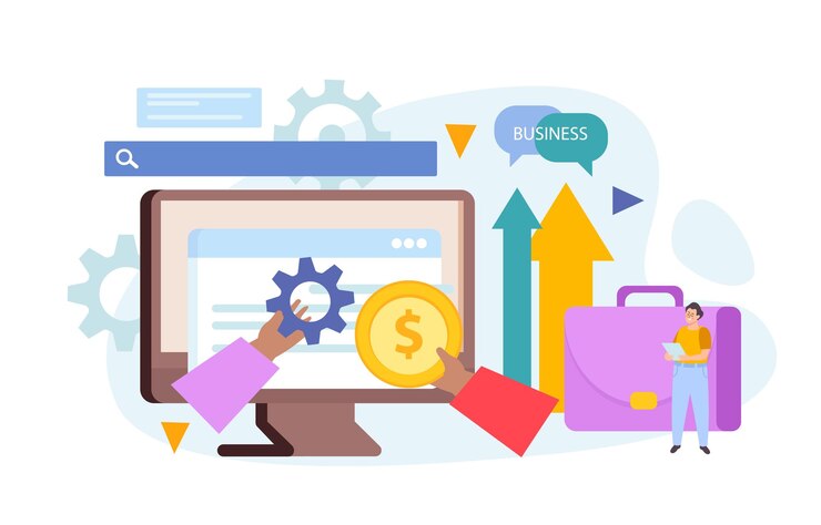 Free Vector business merger concept flat composition of hands holding coin and gear briefcase arrows and computer screen vector illustration