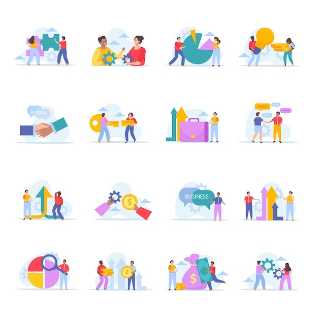 Business merger concept set with icons of puzzle pieces gears coins chat bubbles and human characters vector illustration