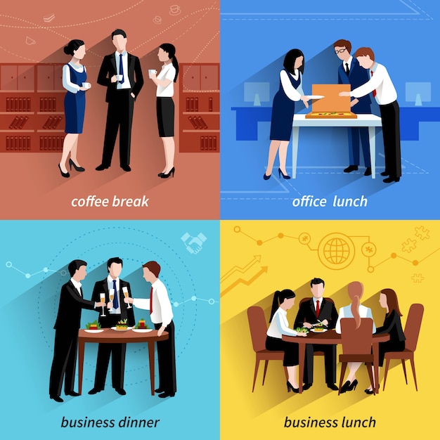 Free vector business office lunch break and coffee pause 4 flat  icons  composition square banner