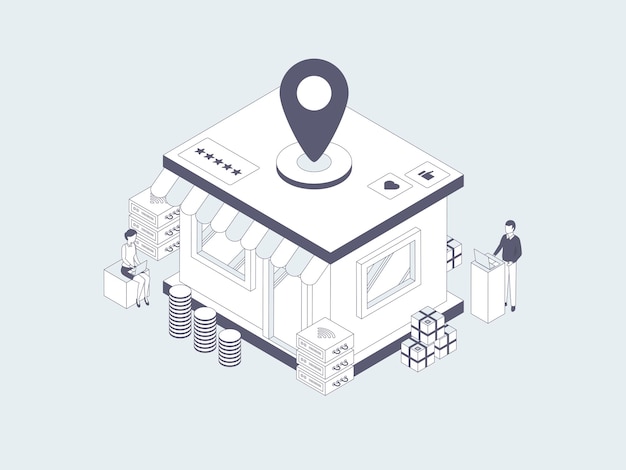 Business offline store location isometric illustration lineal grey. suitable for mobile app, website, banner, diagrams, infographics, and other graphic assets.