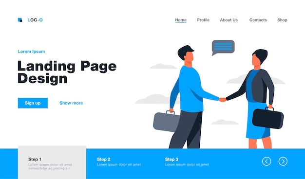 Business partners saying hello or closing deal. man and woman shaking hand. flat  illustration. hiring, cooperation concept website design or landing web page