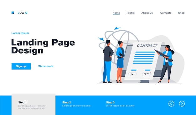 Бесплатное векторное изображение Деловые партнеры подписывают контракт онлайн-целевая страница в плоском стиле