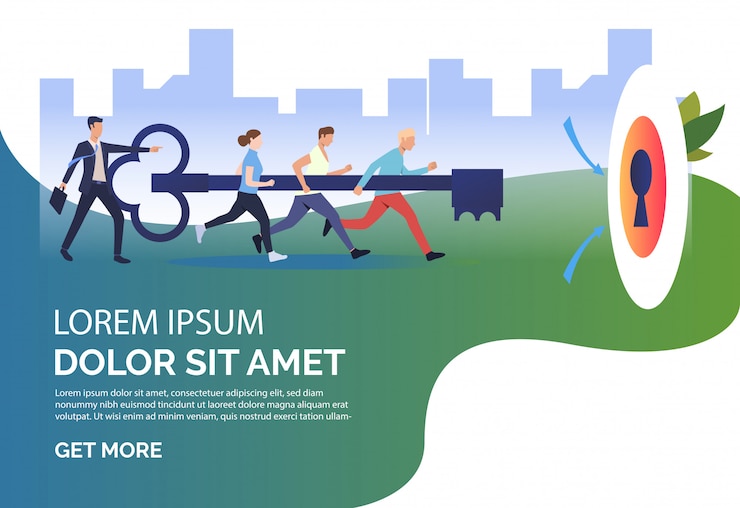 Free Vector business people carrying key to unlock keyhole with sample text