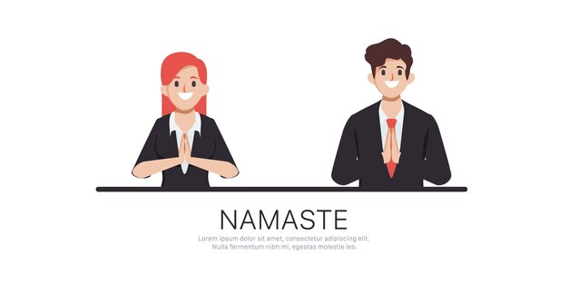 Business people character greeting with namaste. Flat cartoon illustration vector design.