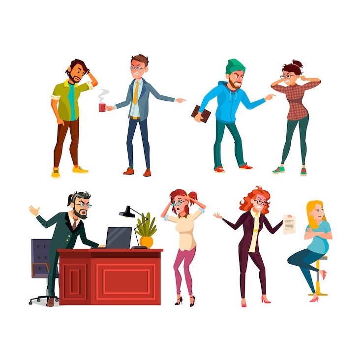 Free Vector business people conflict argue aggression. man, woman. anger group. problem fight. meeting team. work crisis. sad manager. upset trouble. stress quarrel vector