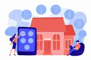 Free vector business people controlling smart house devices with tablet and laptop. smart home devices, home automation system, domotics market concept. pinkish coral bluevector isolated illustration