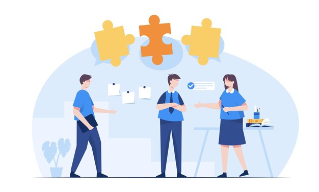 Free vector business people finding solution together at office people meeting for solutions to slove problem teamwork brainstorming business meetings and partnership people connecting puzzle elements