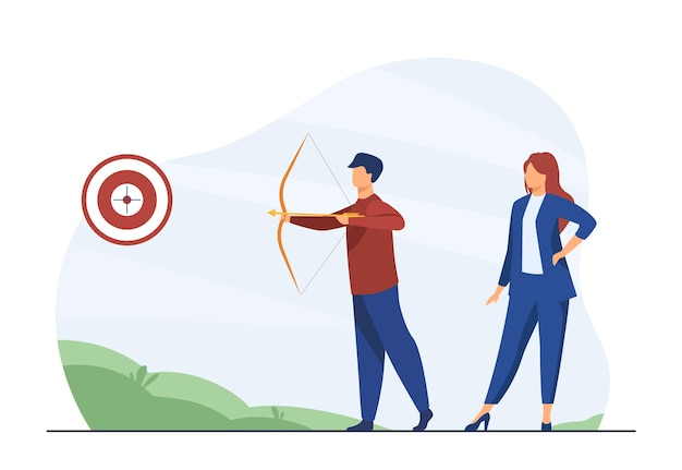 Business people focused on goal. Colleagues with archery aiming at target. Cartoon illustration