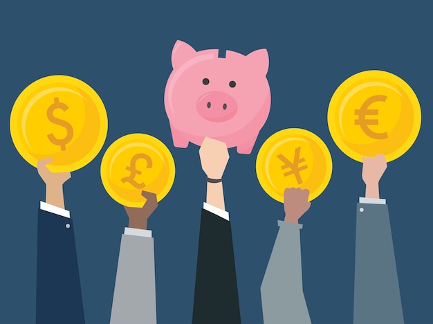 Free vector business people holding currencies illustration