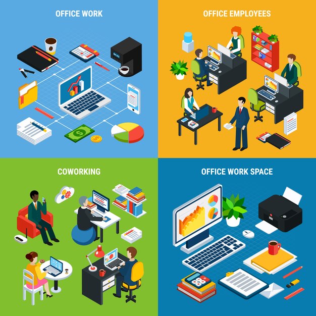 business people isometric design concept with images of  office furniture workspace essential elements and human characters vector illustration