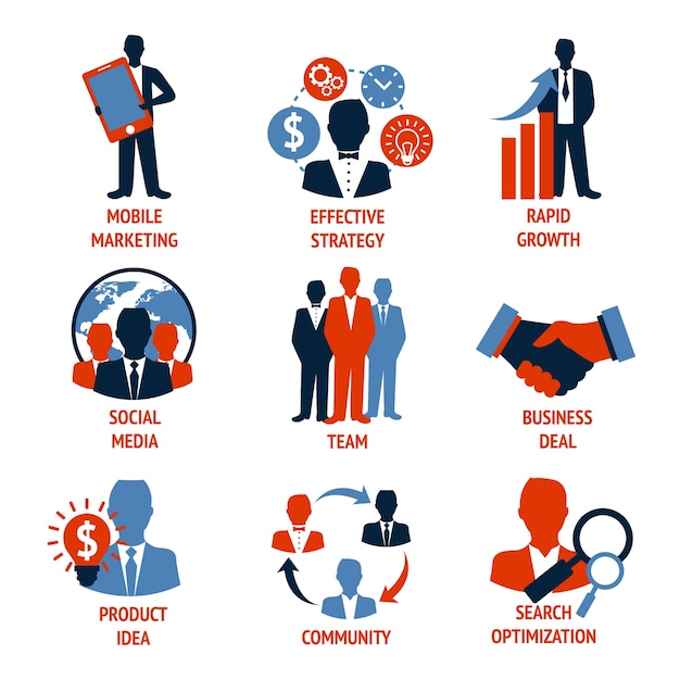 Business people meeting managements icons set of mobile marketing effective strategy rapid growth isolated vector illustration