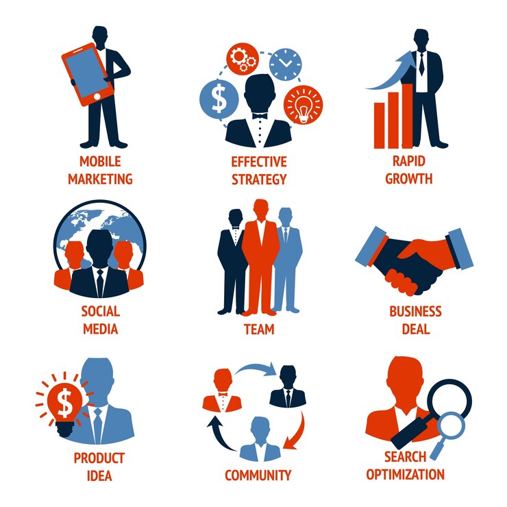 Free Vector business people meeting managements icons set of mobile marketing effective strategy rapid growth isolated vector illustration