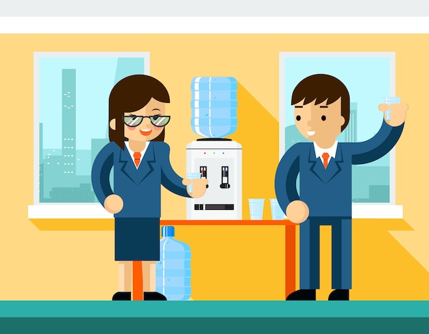Business people near water cooler. office design, bottle and\
person businessman