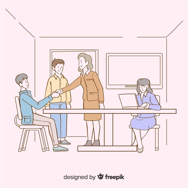 Business people at the office in korean drawing style