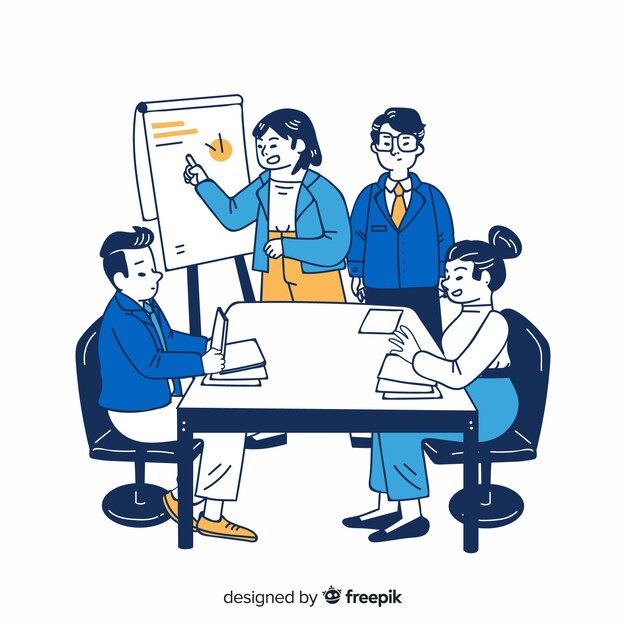 Business people at the office in korean drawing style