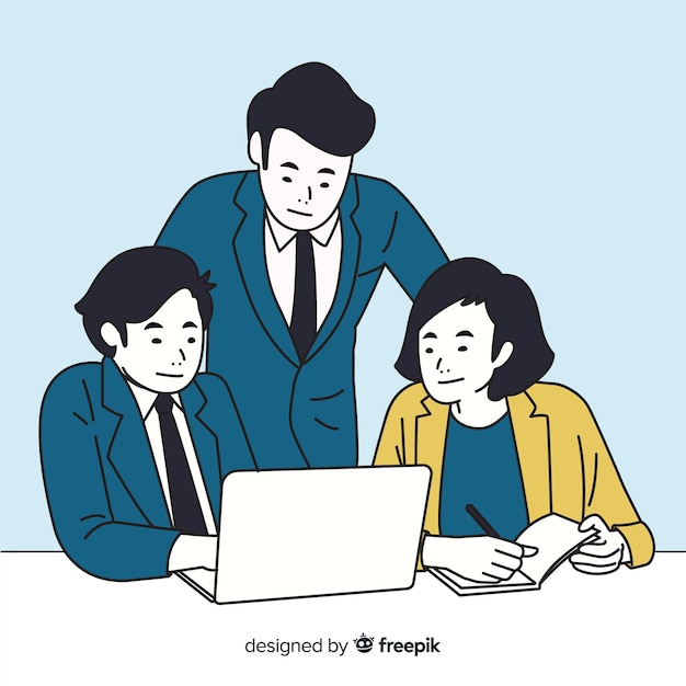 Business people at the office in korean drawing style