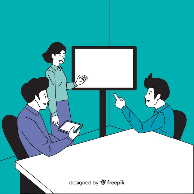 Free Vector business people at the office in korean drawing style