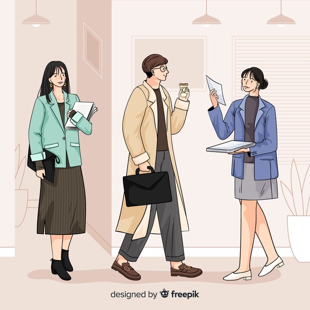 Business people at the office in korean illustration