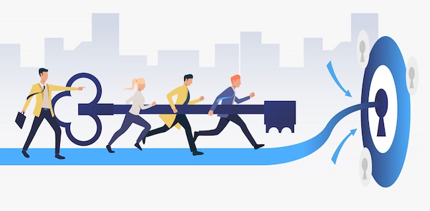 Free vector business people running and carrying key to unlock keyhole