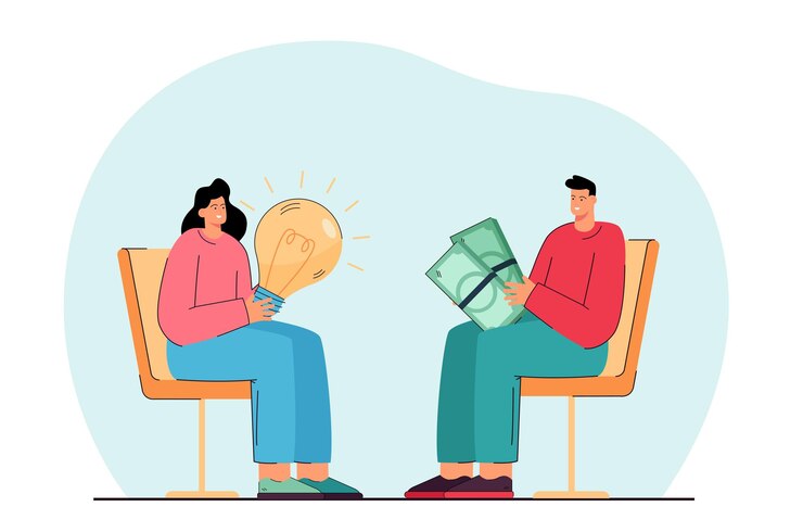 Free Vector business people sitting on chairs exchanging money and ideas. man with banknotes, woman with lightbulb flat illustration