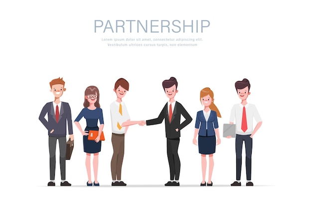 Business people teamwork on deal with partner concept Flat cartoon character design