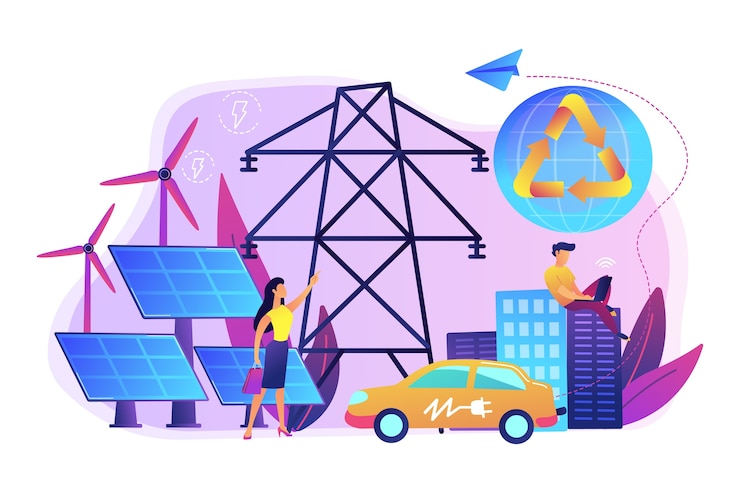 Free Vector business people use clean renewable electric energy in the city. renewable energy, renewable power resources, rural energy services concept.